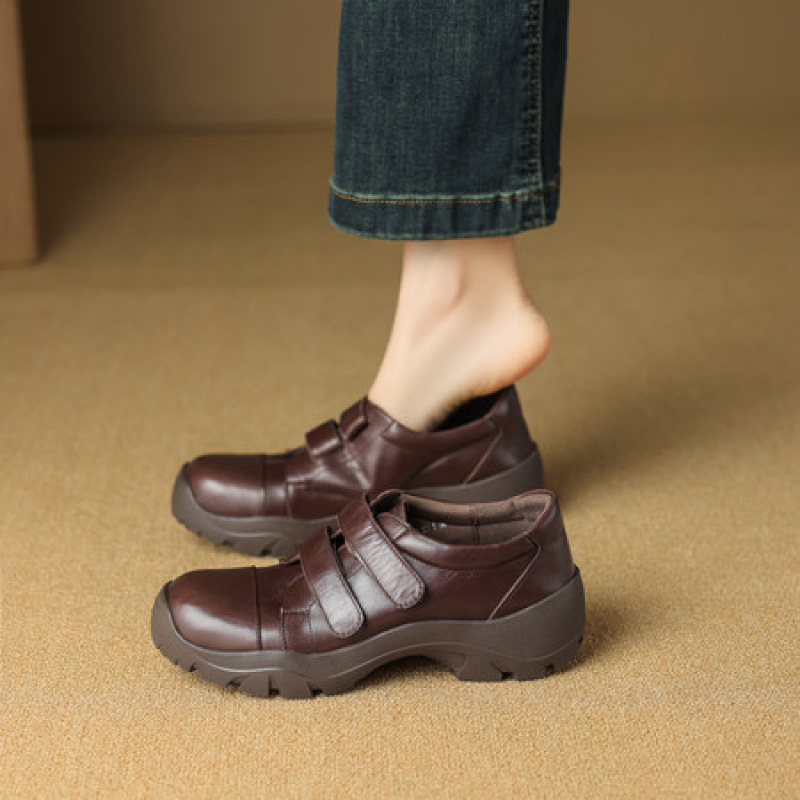 韩版时尚真皮秋冬深口单鞋女圆头舒适简约百搭厚底运动乐福鞋女