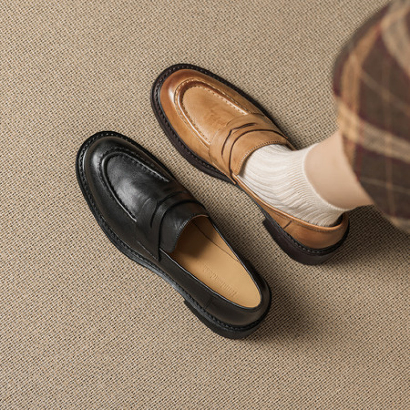 真皮乐福鞋女粗跟复古英伦小皮鞋软底工作鞋通勤中跟不累脚单鞋