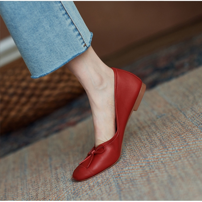 里外全皮巨柔软羊皮平底鞋春秋款浅口单鞋女蝴蝶结小红鞋耙耙鞋