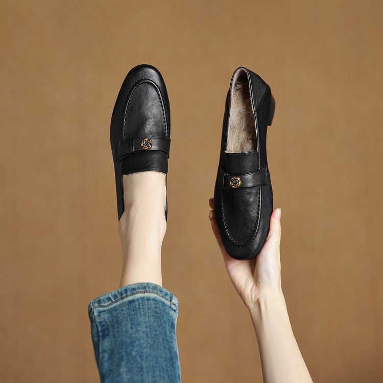 2024冬季加绒保暖四季可穿一脚蹬乐福鞋百搭复古好穿不累脚小皮鞋