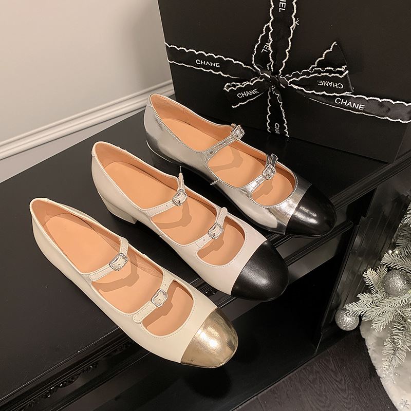 超美超好穿拼色小香风粗跟玛丽珍单鞋2023秋韩版双带圆头粗跟单鞋