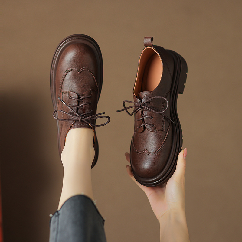 优雅法式复古系带乐福鞋2023秋季新款里外全皮休闲风厚底圆头单鞋