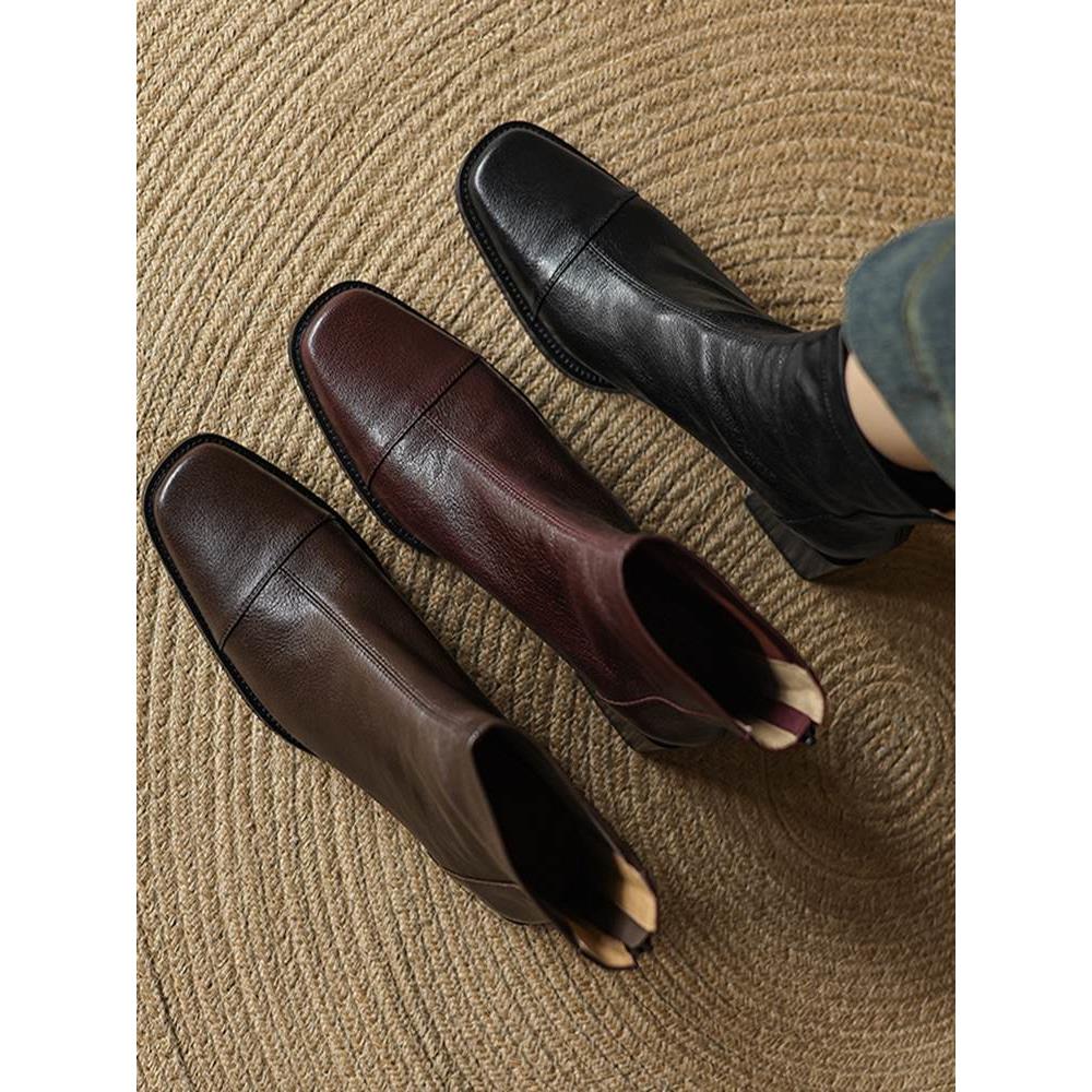 超软小羊皮方头粗跟短靴女33/40大小码高跟棕色显瘦及踝靴真皮靴