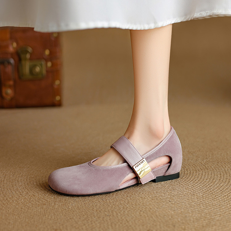 牛羊皮~4cm内增高真皮玛丽珍鞋女软皮软底一字带圆头透气镂空单鞋