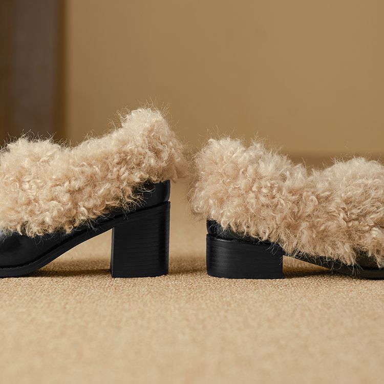 两种跟高牛皮韩系百搭加绒保暖一脚蹬小皮鞋2025冬季时尚毛毛鞋女