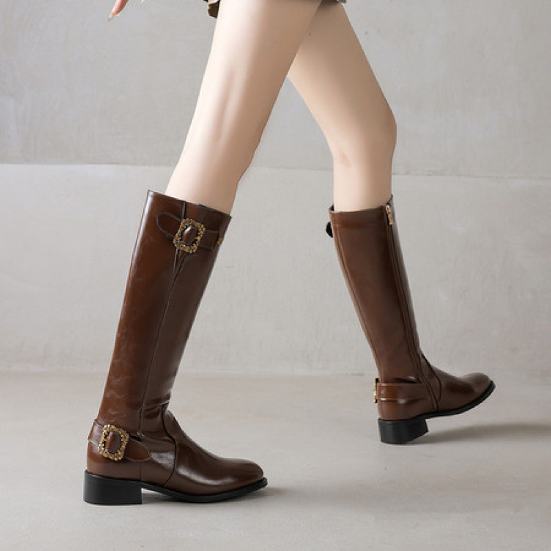 真皮法式复古美拉德棕色粗跟皮带扣骑士靴女小个子不过膝高筒长靴