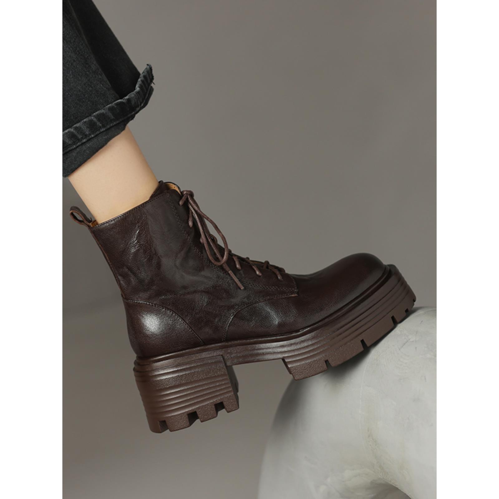 英伦风厚底增高马丁靴女2025秋冬新款覆古真皮圆头粗跟显瘦短靴子