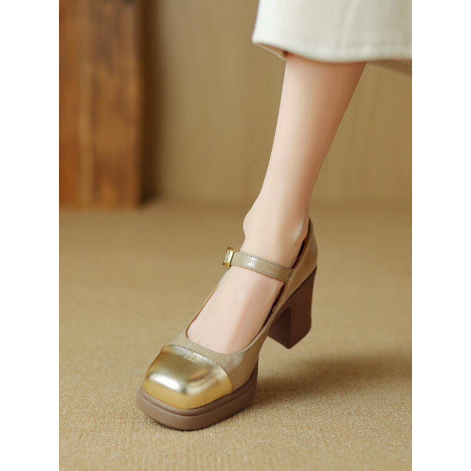 法国覆古风格真皮玛丽简防水平台高跟鞋妇女的春天方形脚趾扣厚跟