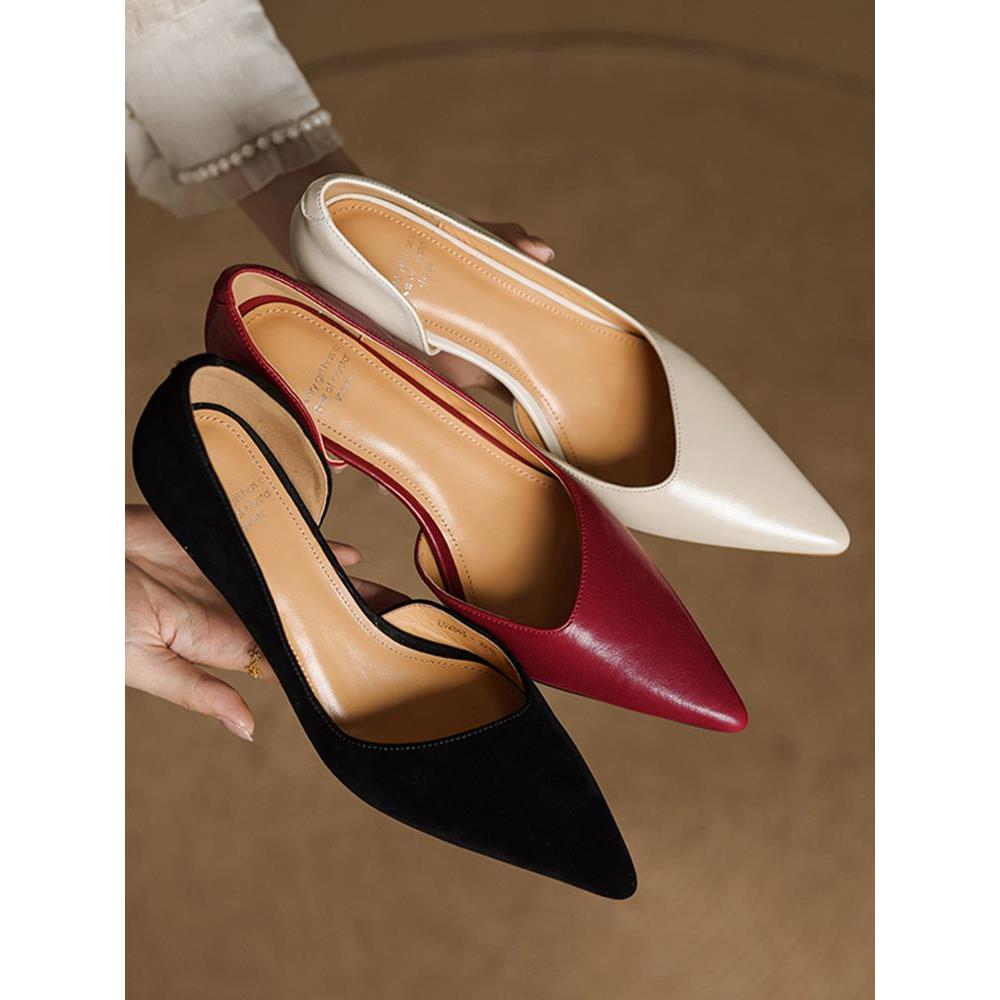 休闲工作服女式侧凹平底鞋6.5cm尖头高跟鞋牛皮高端感女主工作优