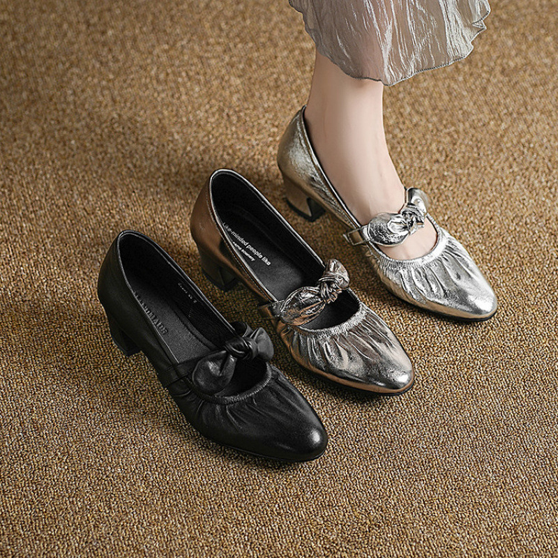头层牛皮！蝴蝶结一字带玛丽珍鞋女2025新款真皮圆头粗跟单鞋银色