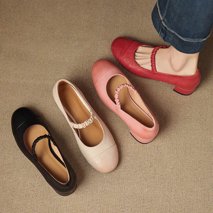 3.5cm~时光荏苒新款真皮单鞋女中跟红色芭蕾鞋配裙子法式玛丽珍鞋