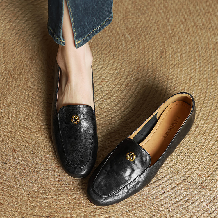 中跟女单鞋粗跟乐福鞋真皮方头女士小皮鞋3.5CM职场百搭羊皮女鞋~