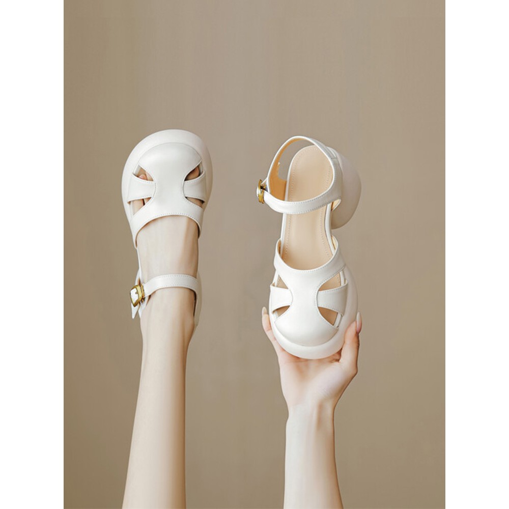 巨好穿包头凉鞋女夏季圆头真皮高跟鞋粗跟厚底镂空米白色33码杏色