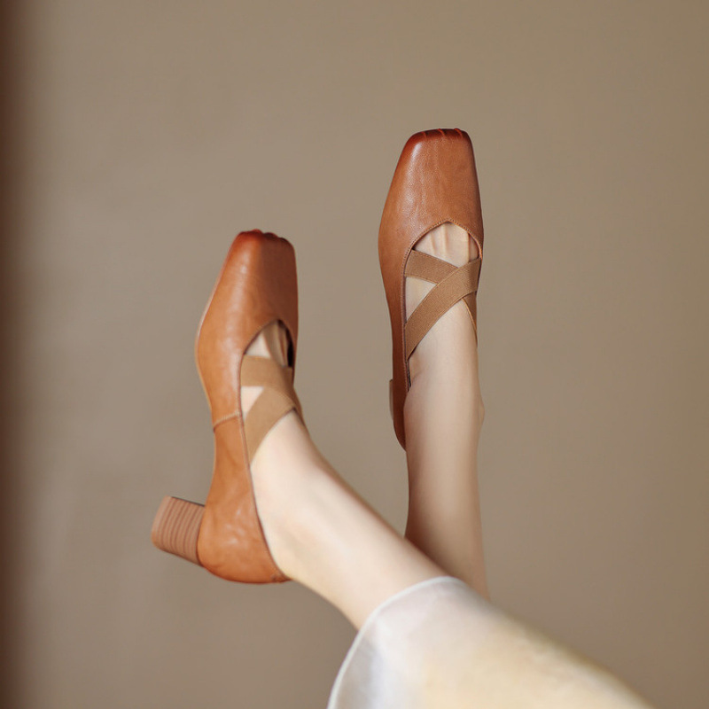 时尚复古猪鼻子头~4.5厘米中高跟鞋女秋冬真皮芭蕾舞鞋松紧带单鞋