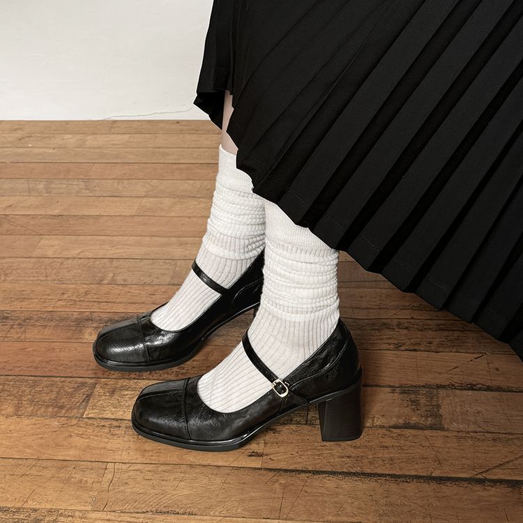 2025早春新款里外全皮粗跟气质玛丽珍单鞋一字扣带气质高跟小皮鞋