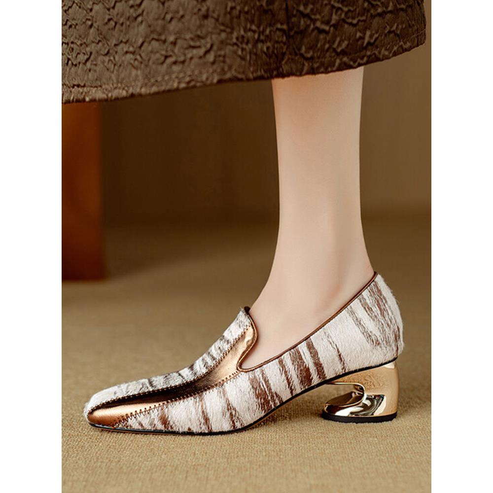 巨好穿法式深口单鞋女春秋季方头中跟粗跟高跟鞋真皮金色乐福鞋女