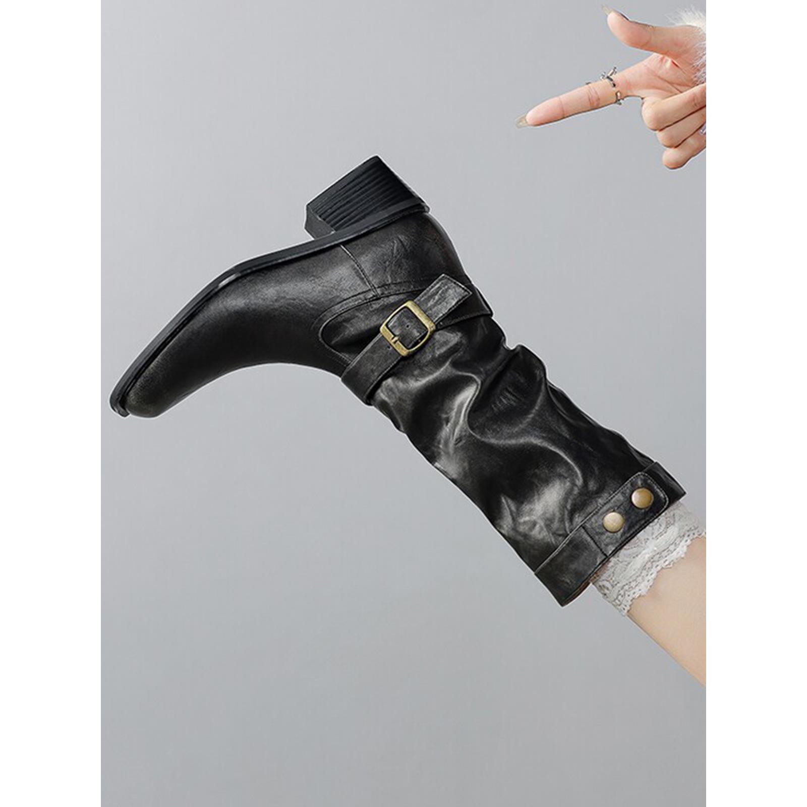 英伦风覆古风皮带扣中筒骑士靴女秋冬新款真皮方头粗跟西部牛仔靴