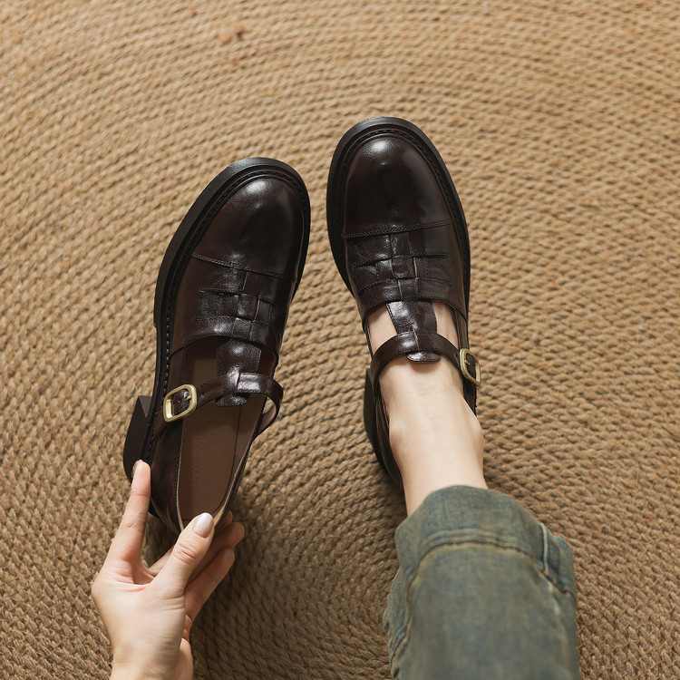 法式复古罗马粗跟编织T型扣带头层羊皮高跟乐福鞋女春新款小皮鞋