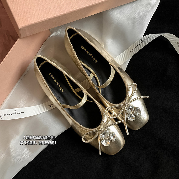 仙女风水钻蝴蝶结法式玛丽珍鞋女2025新款真皮方头平底单鞋配裙子