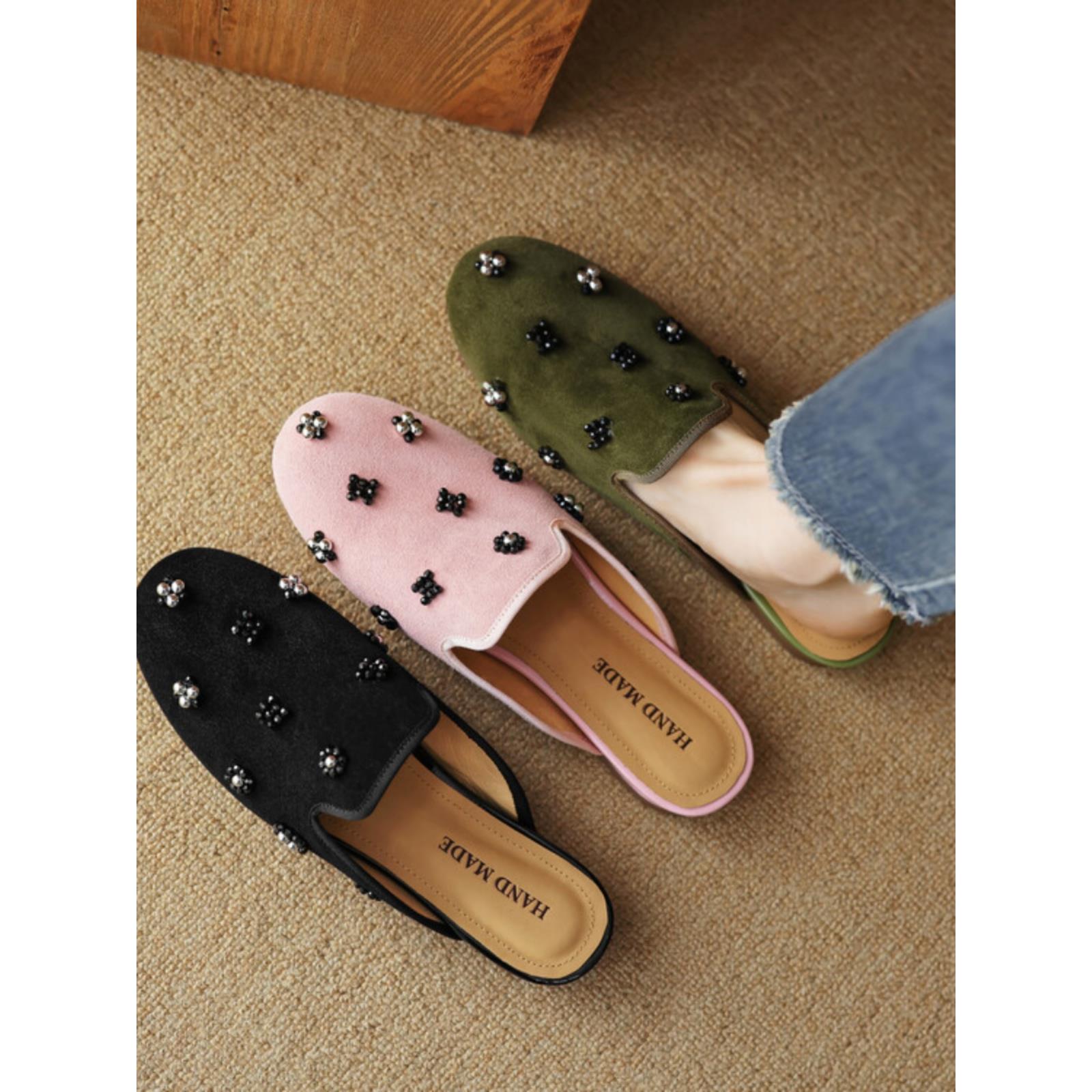 新中式国风串珠包头半拖鞋女春夏季外穿羊反绒懒人平底穆勒鞋凉拖