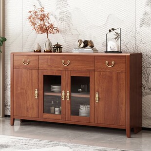 希木森新中式餐柜一体靠墙茶水柜实木框架高低柜靠墙收纳柜碗盘柜