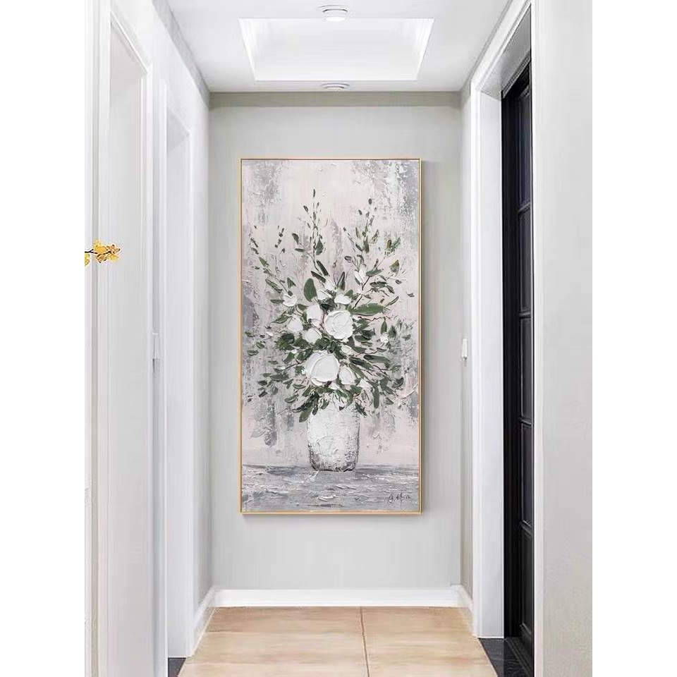 油画纯手绘花卉抽象肌理立体挂画现代简约走廊过道竖版玄关装饰画图片