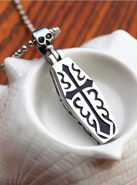 欧美朋克风见棺发财十字架棺材男士钛钢链条吊坠项链服饰