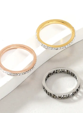 不锈钢饰品 切割镂空字陶泥镶钻戒指三件套情侣钛钢戒指