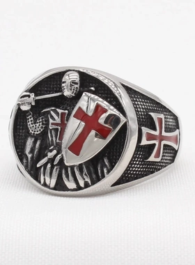 r1720 饰品 欧美个性复古骑士盾牌十字男士钛钢戒指