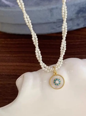 海洋之泪双层珍珠项链缠绕设计颈链法式贝母圆形吊坠高级感锁骨链