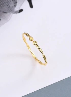 日韩版s925纯银极简细线条几何波浪形编织麻绳开口戒指尾戒手饰女