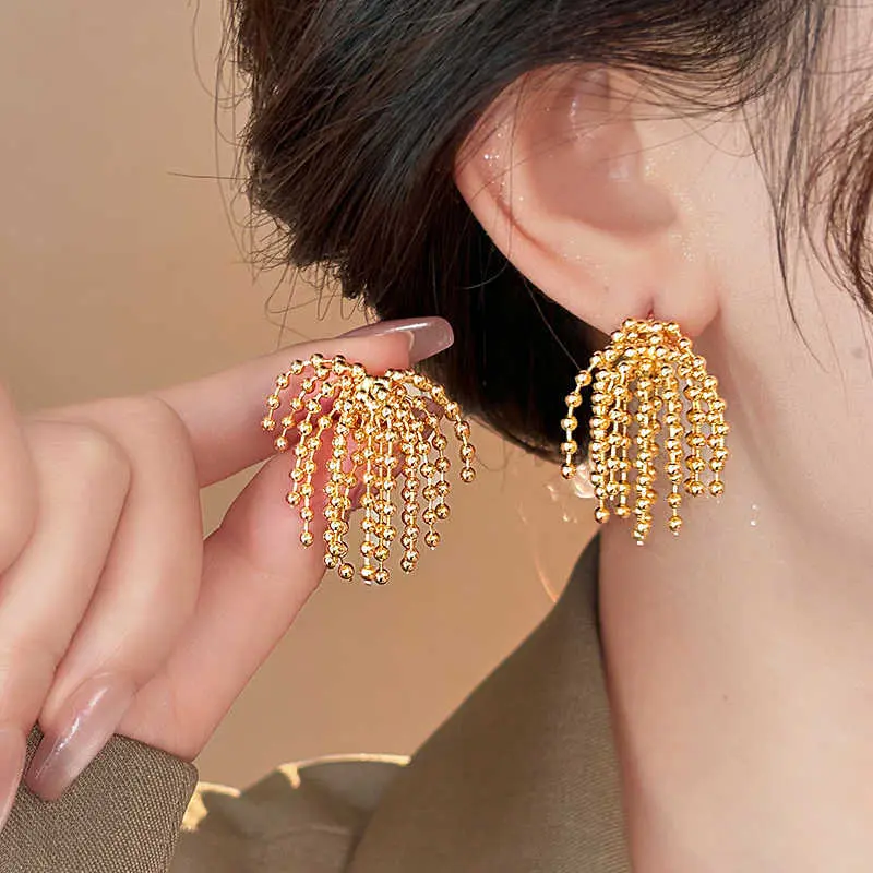 真金电镀银针烟花圆球流苏耳环个性夸张耳钉时尚轻奢高级感耳饰女