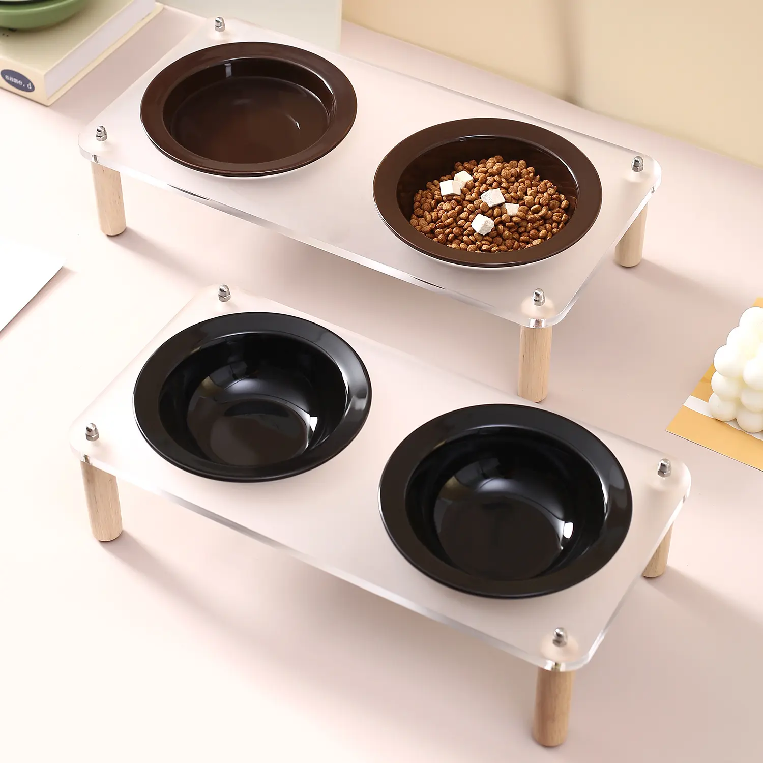 创意纯色碗带亚克力架宠物双碗带碗架陶瓷猫碗喝水碗猫咪食盆