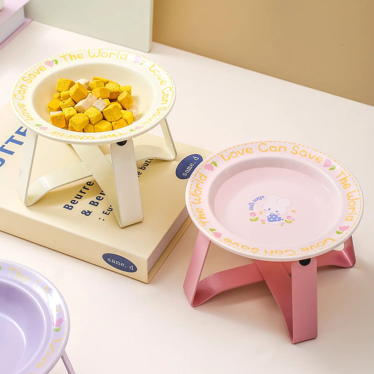 创意卡通盘带碗架宠物碗猫碗狗碗宠物用品食盆高脚护颈椎食碗