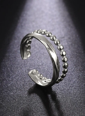 欧美热卖爆款时尚气质风双线圈扭曲珠链不锈钢开口百搭款戒指