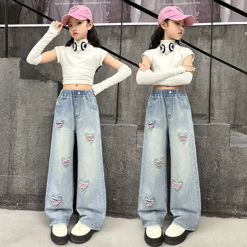 儿童牛仔裤女童裤子2025新款春夏装中大童破洞长裤阔腿直筒喇叭裤