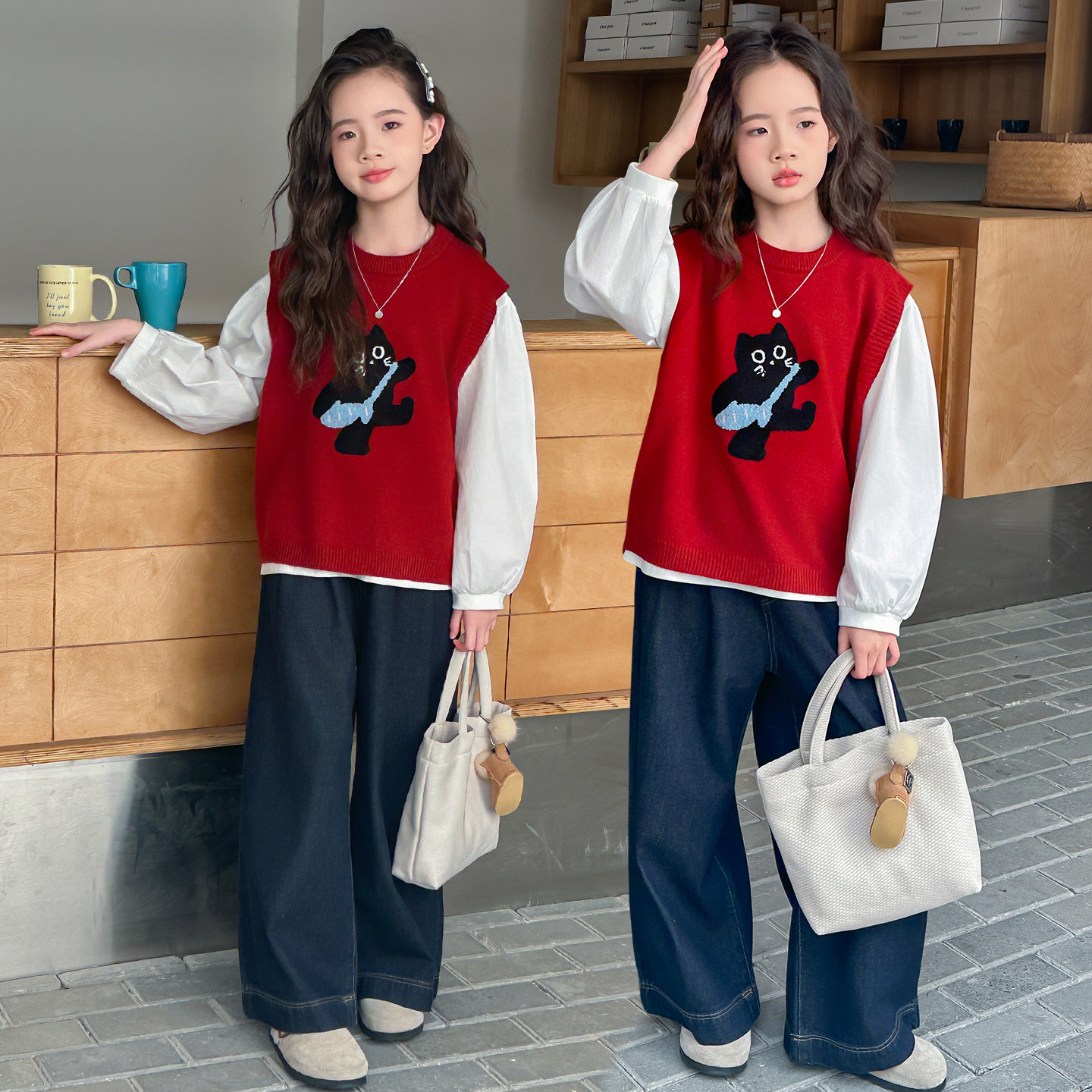 女童秋季套装2025新款小学生韩版超好看中大童时髦毛衣马甲三件套