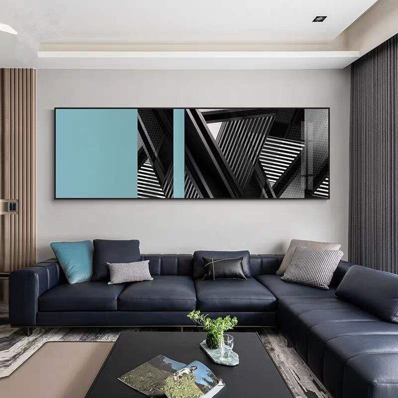 现代城市风景画时尚轻奢横幅客厅装饰画黑白建筑摄影卧室床头挂画图片