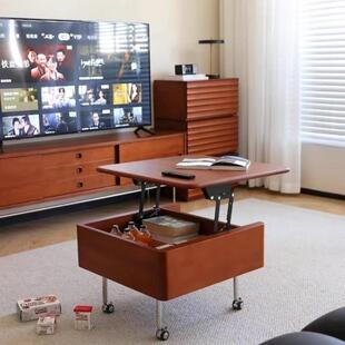 中古实木升降茶几可移动折叠多功能边几家居客厅卧室带轮风边柜