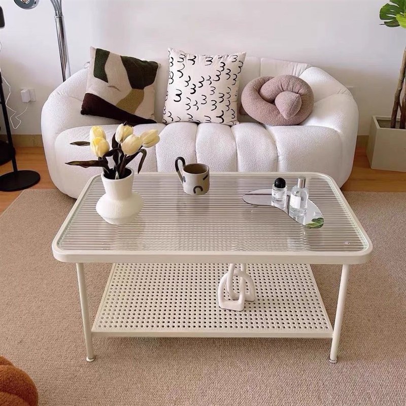 奶油风长方形玻璃茶几简约现代出租屋方桌小户型客厅轻奢高级桌子