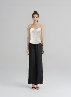 WEPRIVE 薄款新中式夏季腰带阔腿裤休闲裤黑色巴恩风TC25PP03