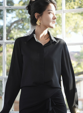 WEPRIVE 黑色春秋新款女士轻奢高级感职业通勤商务长袖衬衫