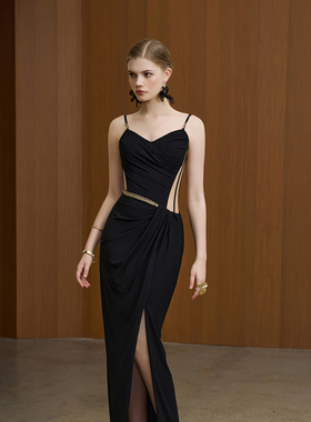 WEPRIVE 法式气质开叉礼服收腰连衣裙镂空性感显瘦修身女