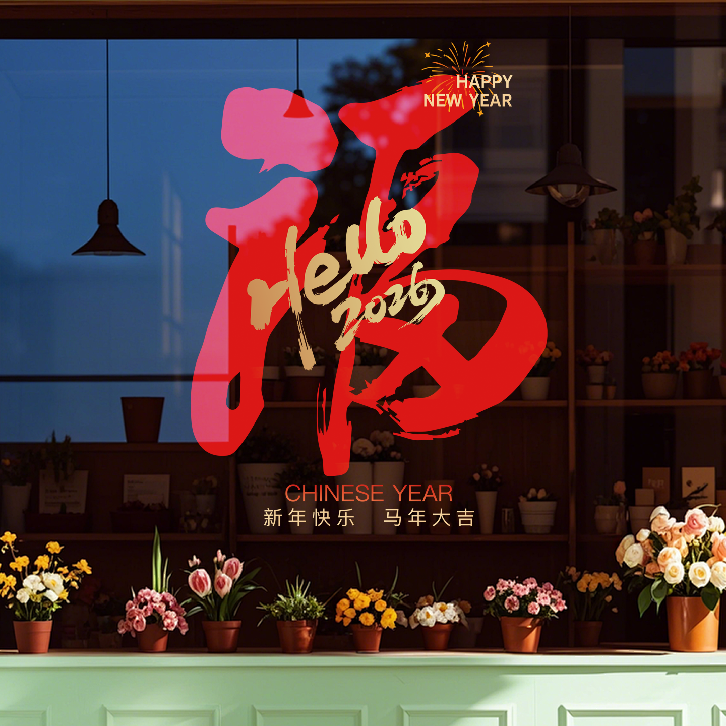 新年马年创意彩色字玻璃门贴纸