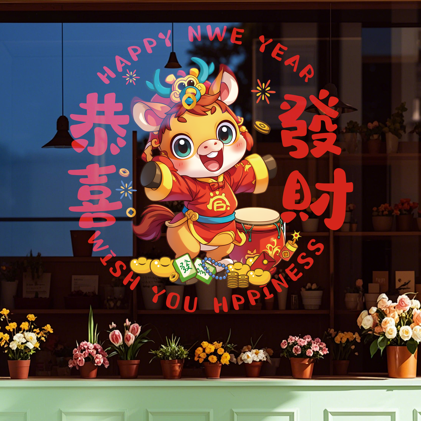 新年马年创意彩色字玻璃门贴纸