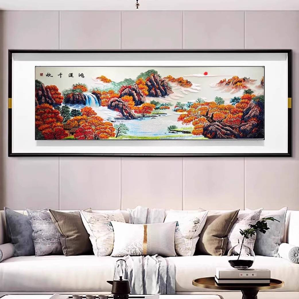 客厅沙发背景墙刺绣装饰画新中式墙面苏绣挂画高档千里江山图图片