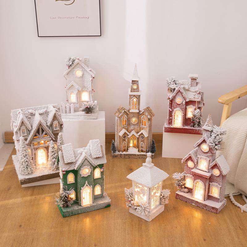 圣诞节发光雪景小木屋木质礼包套装雪粉圣诞城堡桌面摆件场景布置