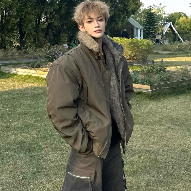 美式复古座山雕毛领结构棉服男女冬季加厚宽松百搭飞行夹克外套潮