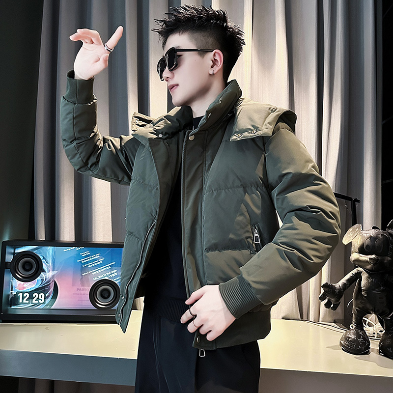 冬季连帽羽绒棉服男修身潮牌上衣2023新款高端白鸭绒棉衣痞帅外套
