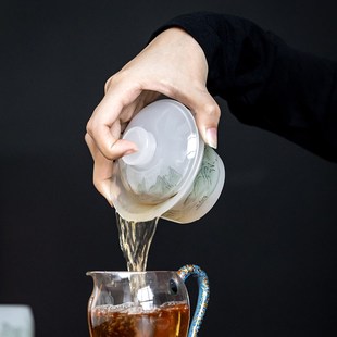 琉璃盖碗二杯远山山水茶盏琉璃盖碗家用轻奢茶室品茗杯透明耐热